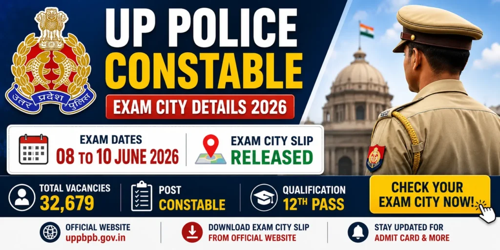 UP Police Constable Recruitment 2026 exam city details for 32679 vacancies